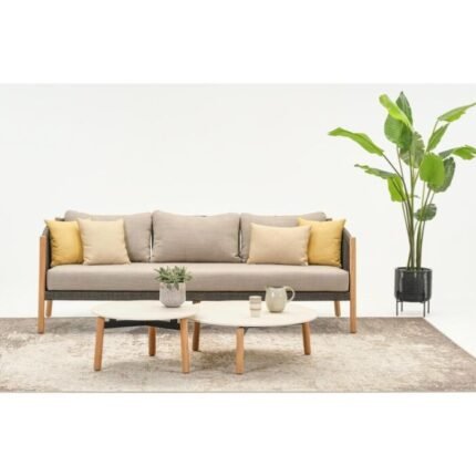 Beige 3 Seater Garden Sofa with Wooden Frame